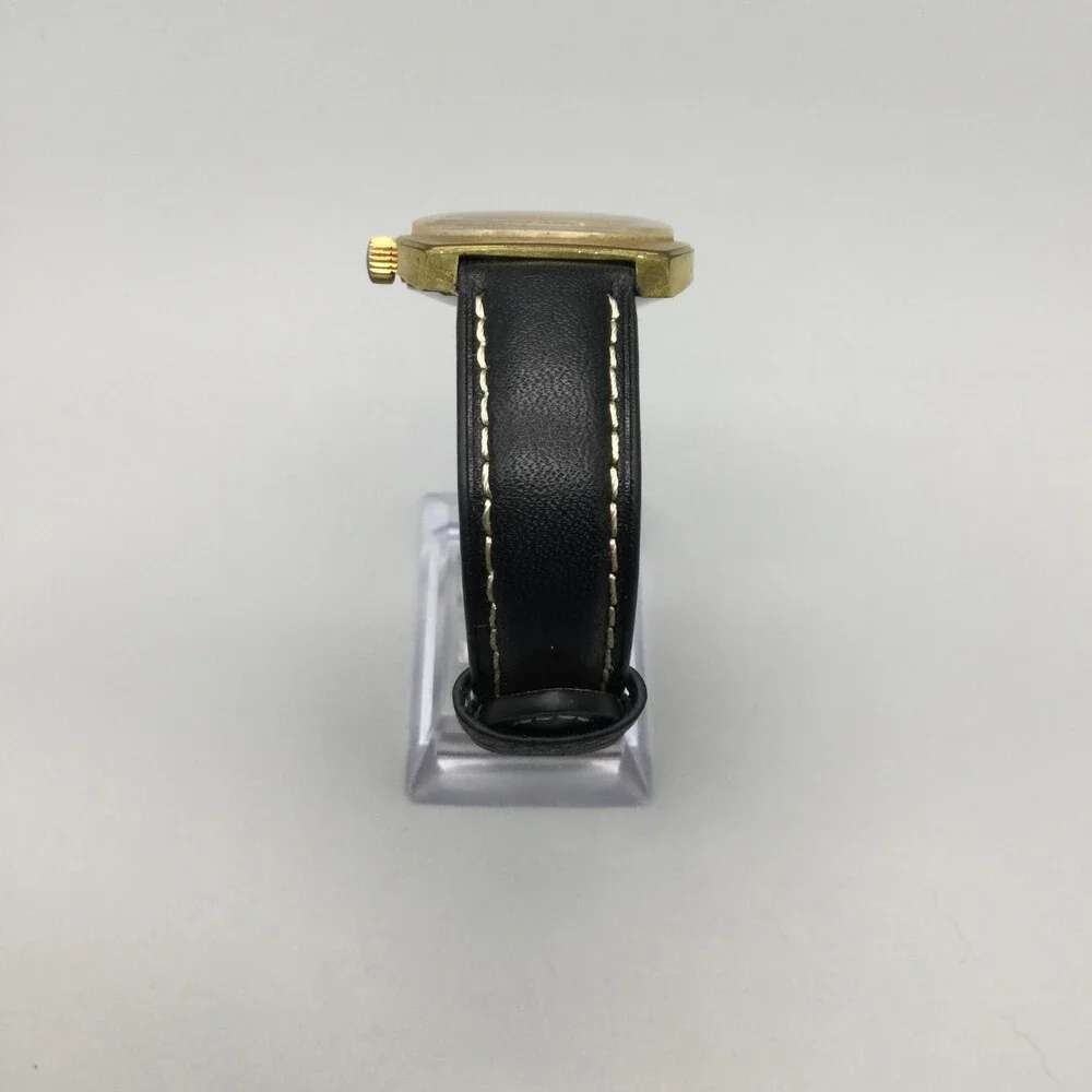 Vintage Wittnauer Geneve Mens Watch 33mm Champagne Dial Auto Date Black Leather